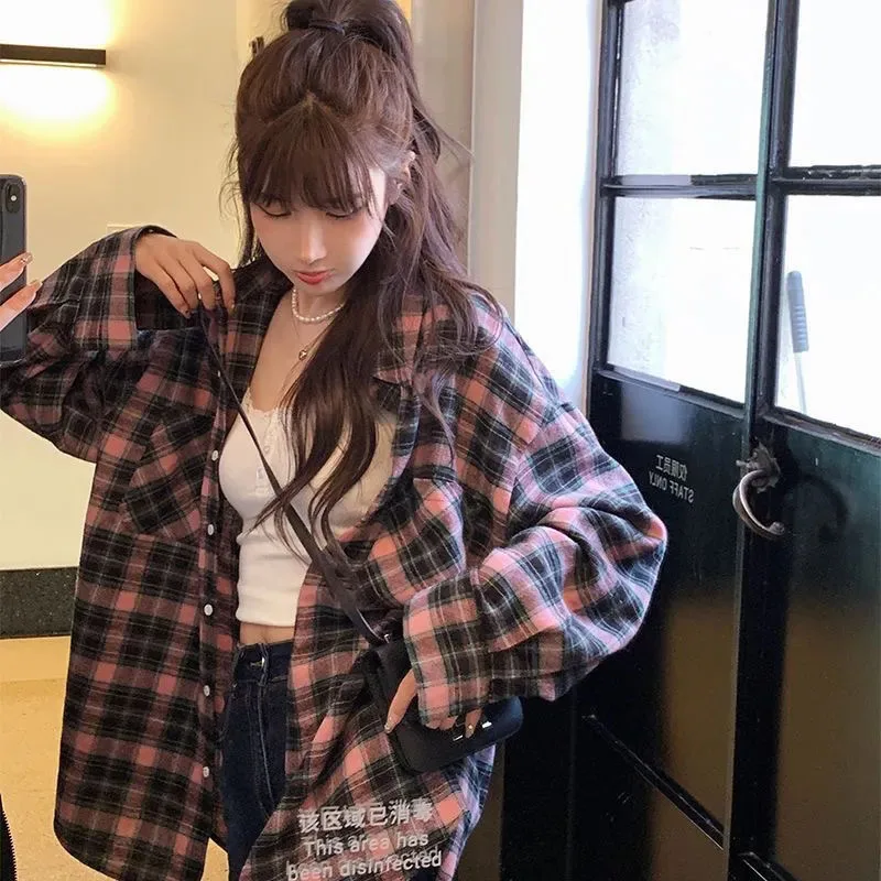 Korean Plaid Shirt Women Spring Summer Harajuku Loose Long Sleeve Check Shirts Woman Fashion Teenage Button Up Oversized Shirt