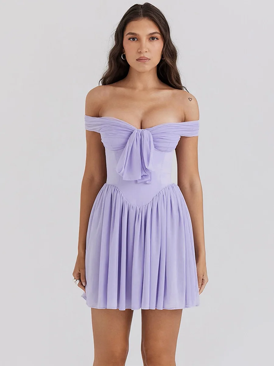 

Women's dress, sexy one shoulder spicy girl short skirt, mesh strapless purple skirt, 2024 new model.