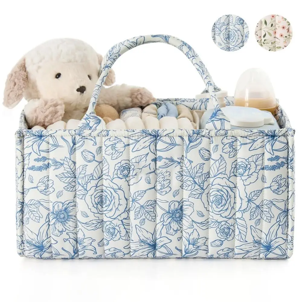Floral Print Baby Diaper Organizer Bag Folding Large Capacity Diaper Caddies with Handle Mommy Bag for Travel Baby Essentials