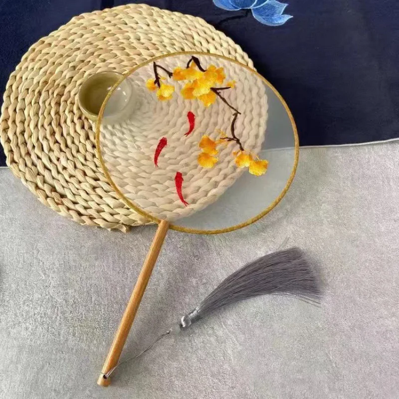 Chinese Fan Antique Round Fan Style Translucent Long Handle Costume Dance Tuan Fan Fairy Vintage Hand Fan Chinese Style
