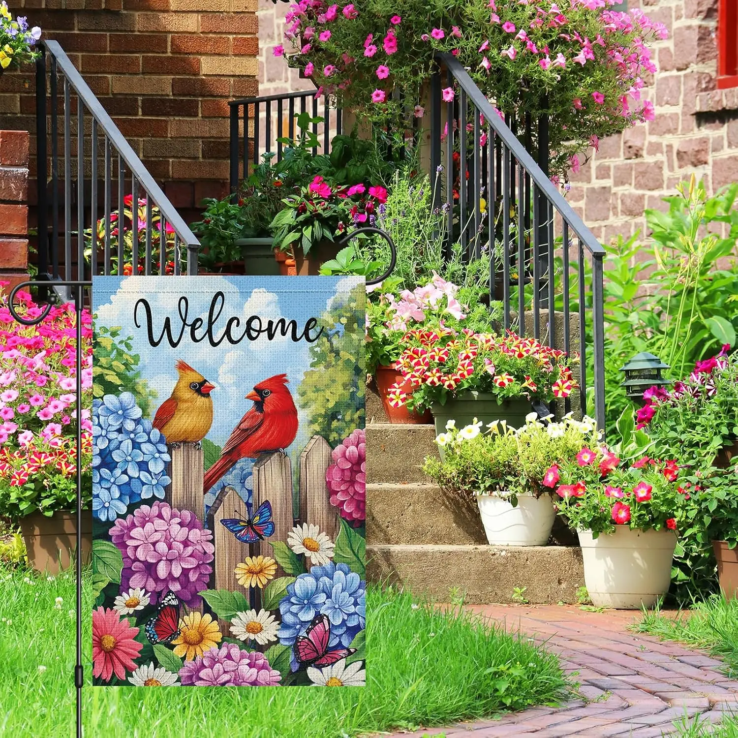 Heyfibro Welcome Spring Cardinals Garden Flag 12x18 Double Sided Burlap, Hydrangea Butterfly Garden Yard Flags for Spring Su KKW