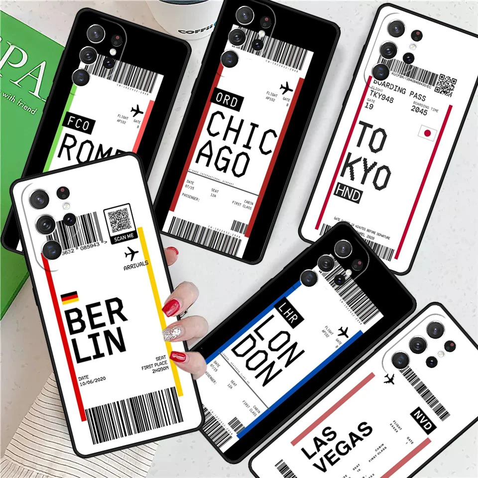 Air ticket USA London Paris Tokyo Travel For Samsung Galaxy S24 Ultra S21 S22 S8 S9 S10E Note 10 20 Plus FE S23 Phone case Cover