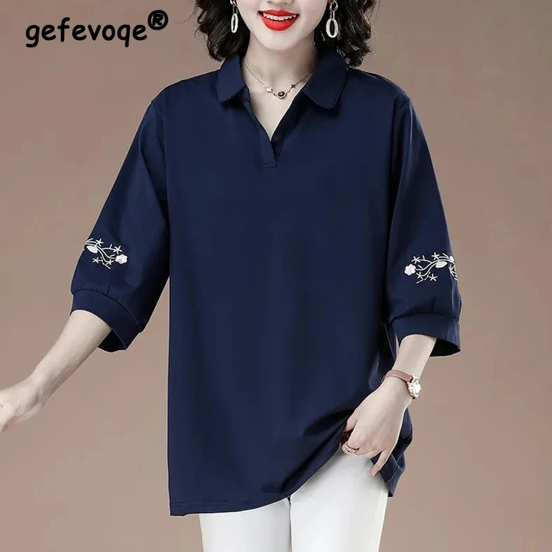 

Middle Aged Women Vintage Embroidery Three Quarter Sleeve Cotton T-shirt Female Casual Polo Collar Loose Pullover Tops Camisetas