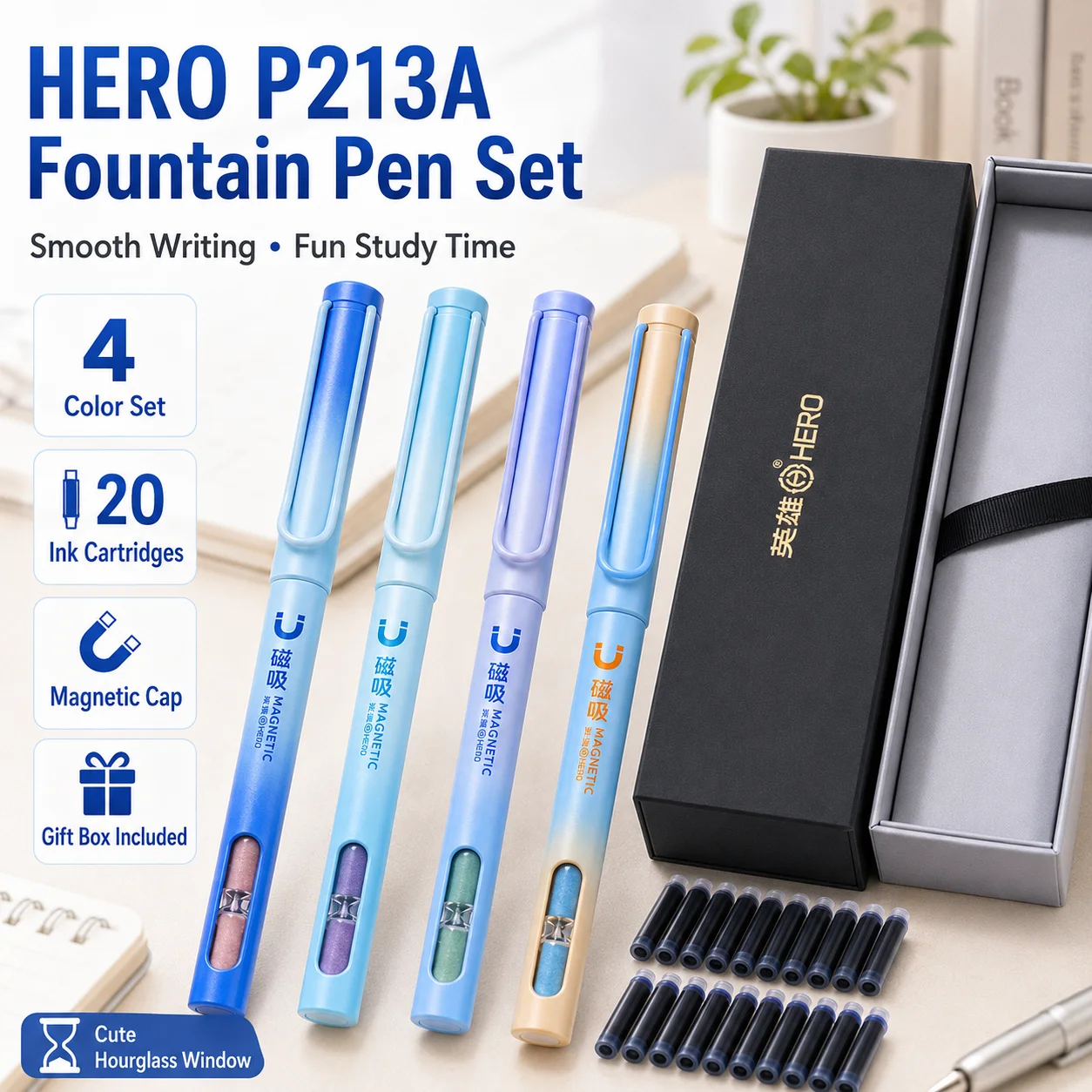 HERO P213 Fountain Pen Magnetic Hourglass Design 0.38mm EF Exposed Iridium Nib Gradient Color Ergonomic Correct Grip Student