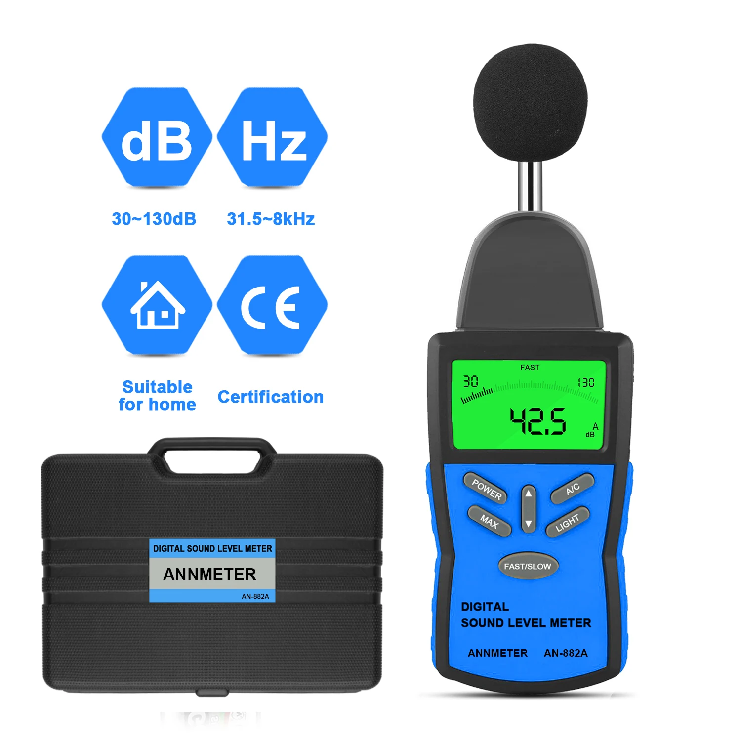 

Precision Sound Level Meter, BTMETER Digital Decibel Tester for 30~130 dB Noise Volume Measurement with A/C Fast/Slow Weighting