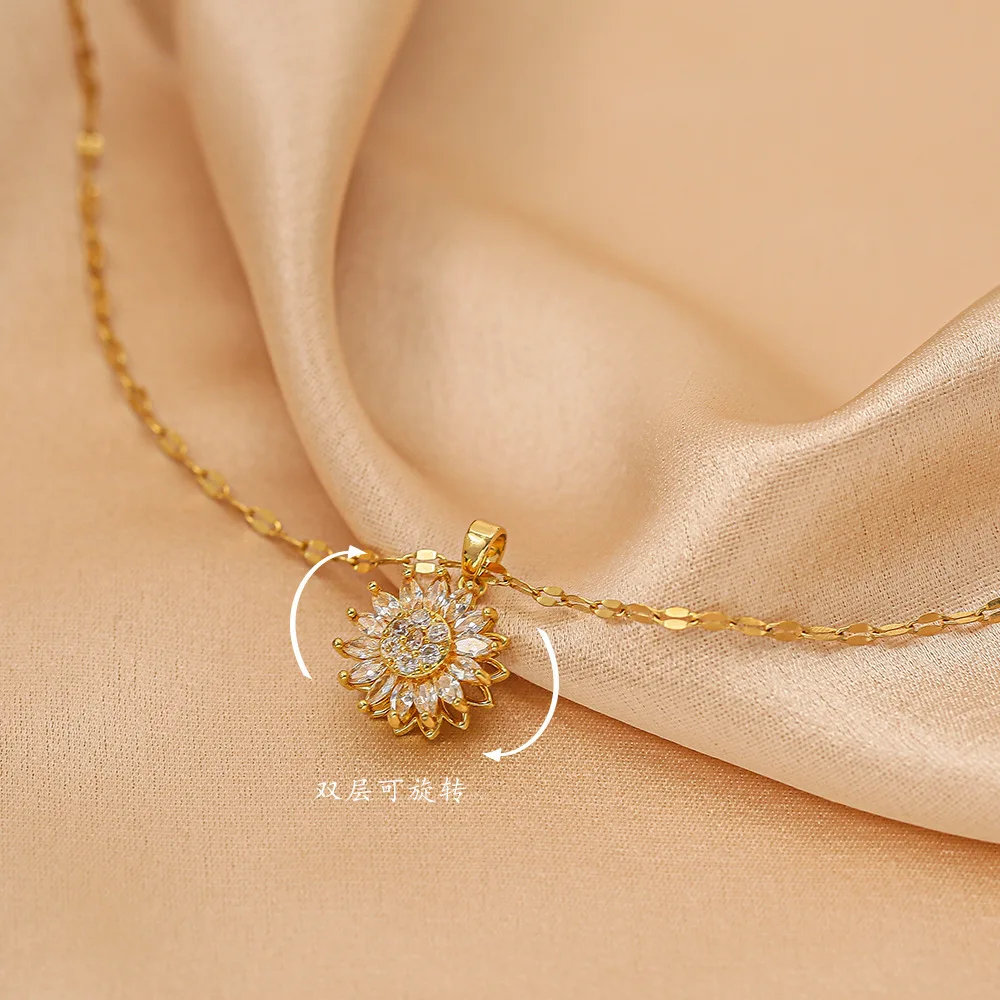 Classic Sunflower Cubic Zirconia Pendant Necklaces For Women Gold Color Alloy Rotate Necklace Daily Jewelry image 4