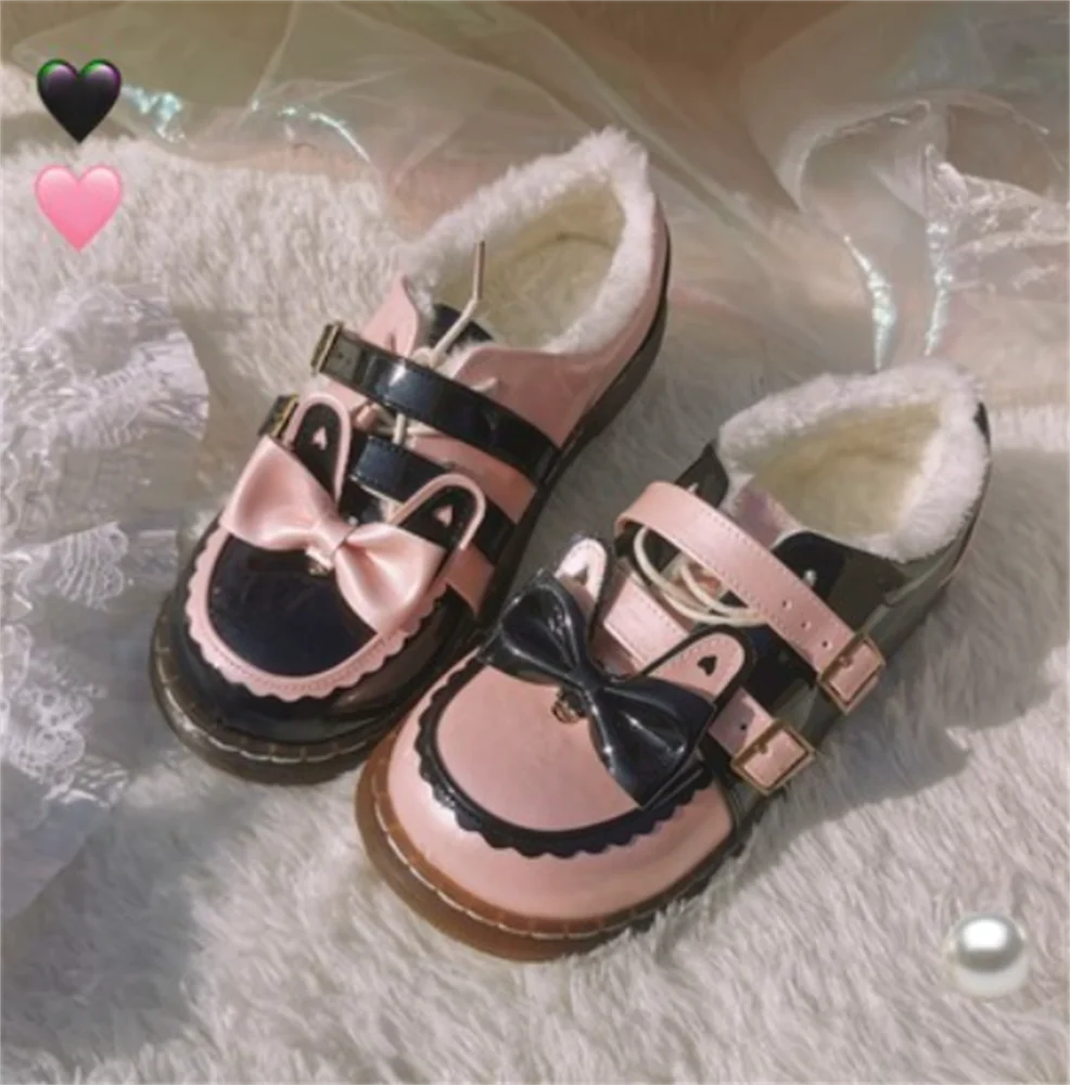 

Sweet Lolita Shoes Vintage Round Head Plus Cashmere Winter Keep Warm Women Shoes Cute Bowknot Kawaii Loli Lace Cosplay Cos Girls