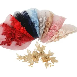 5Pairs-1Pair. 3D Wedding Dress Lace Applique DIY Craft Flower Patch Garment Auxiliary Material Gold Blue Flower .14.5*19cm
