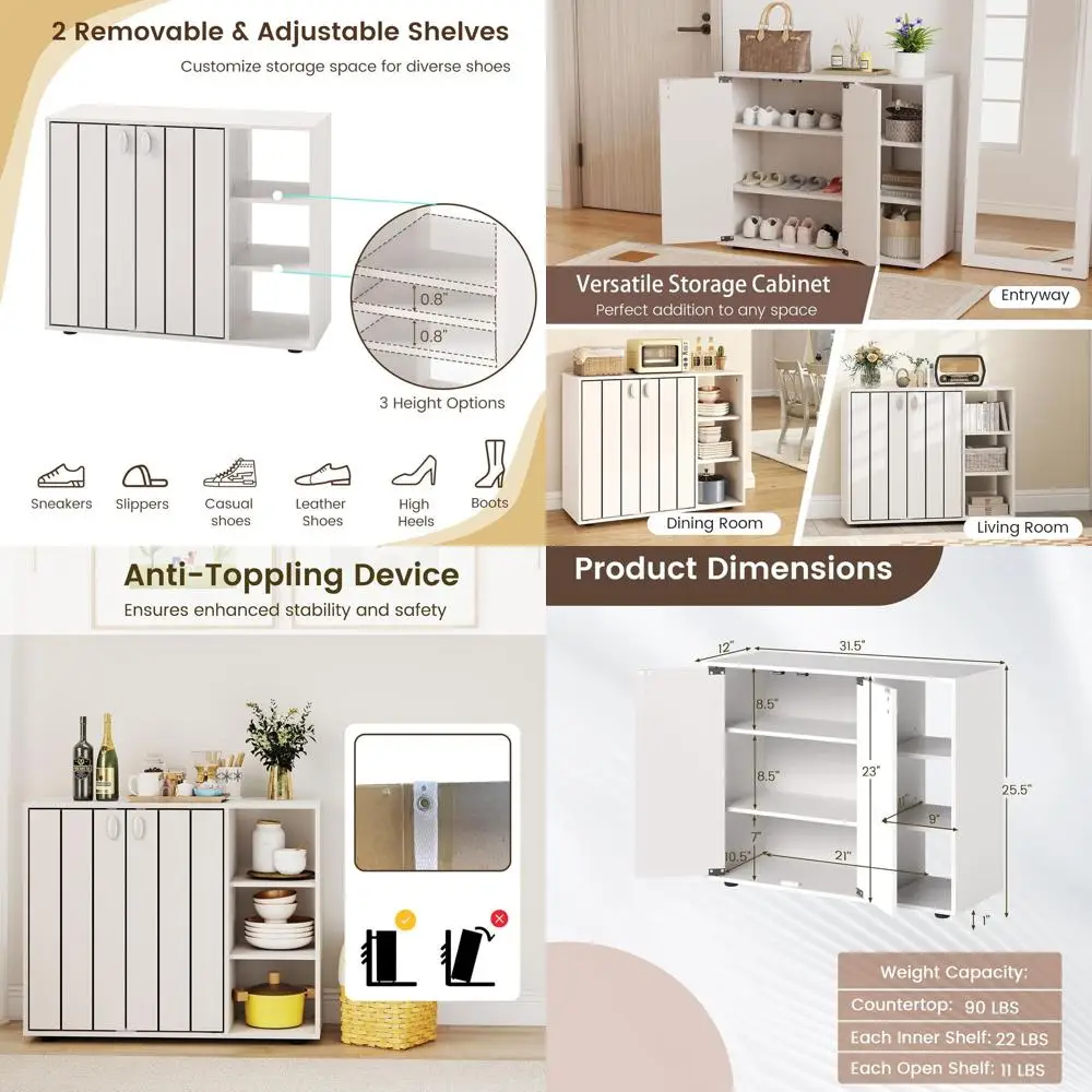 

3-Tier Adjustable Wooden Shoe Cabinet with Doors, Modern Storage for Entryway, Hallway, and Living Room (White)