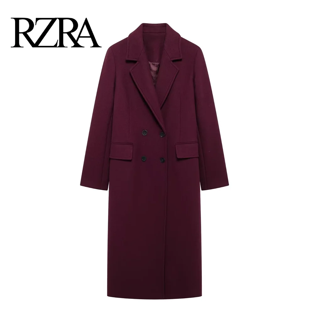 

RZRA2024 winter new women's solid color lapel long sleeve double-breasted pocket decoration straight blended coat jacket