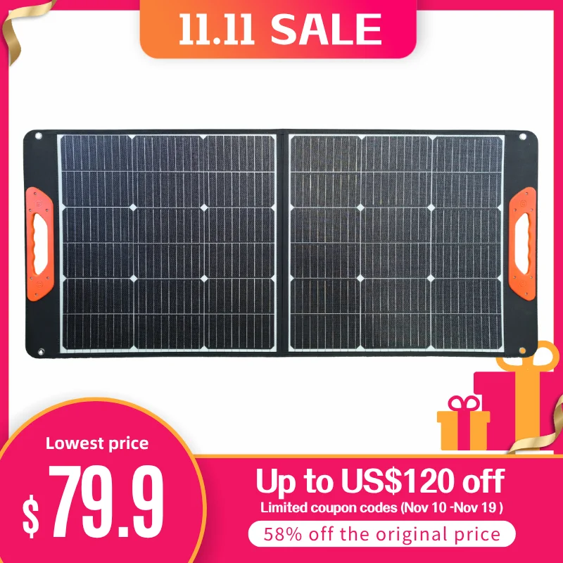 

100W Portable Solar Panel, Camping Essentials, 18V ETFE Foldable Solar Charger for Power Station, DC QC3.0 USB &Type-C Output