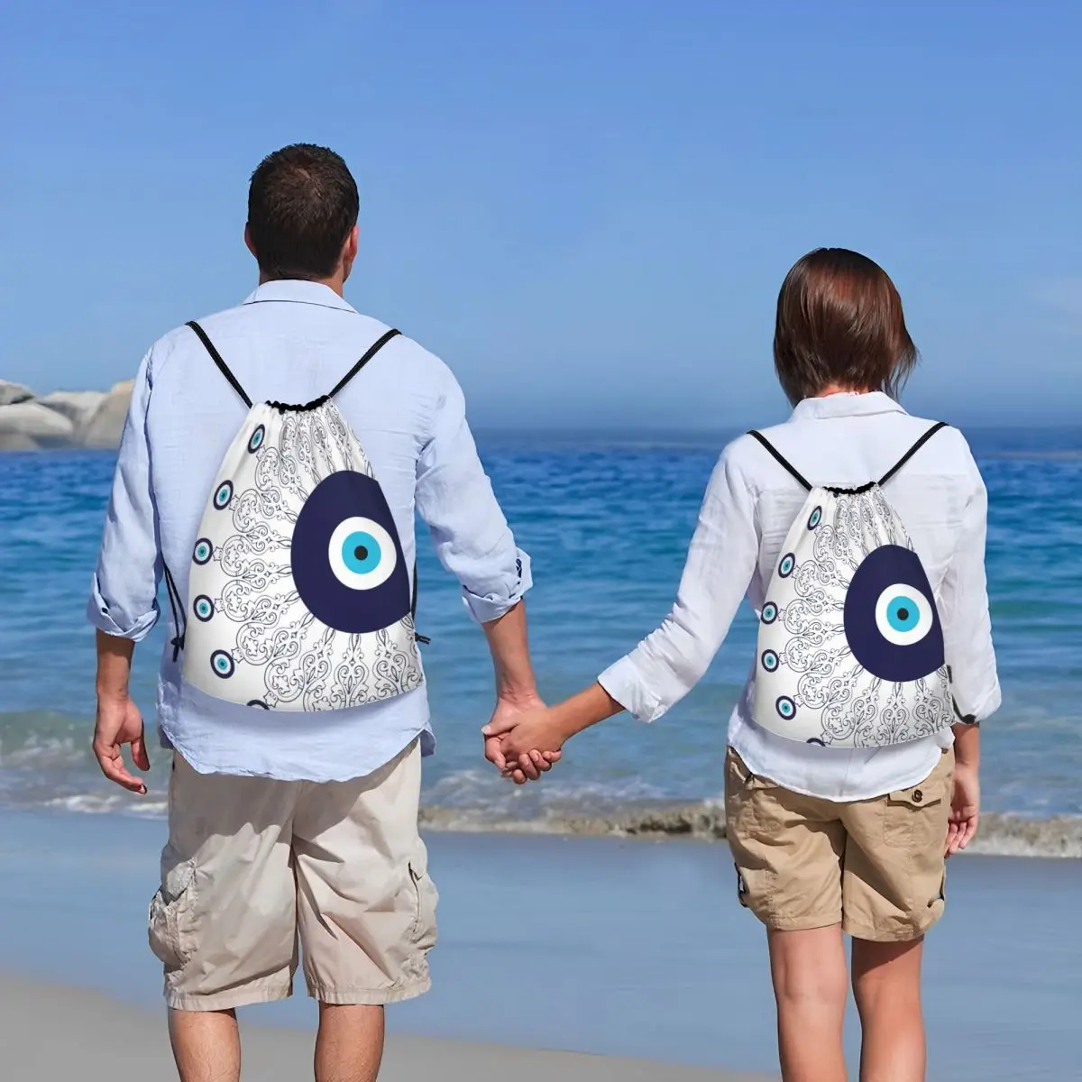 Mochila con cordón para hombre y mujer, bolsa ligera con diseño de Mandala de mal de ojo mediterráneo, color azul marino y blanco, Ideal para deportes, gimnasio y almacenamiento