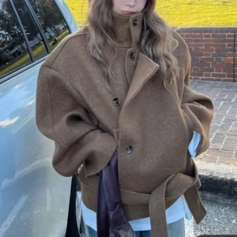 

Lazy Retro Temperament Standing Collar Woolen Coat for Women's 2025 Autumn and Winter British New High-end Design Woolen Coat