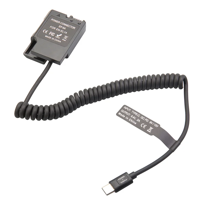 Cable de resorte tipo C de batería de acoplador simulado EL14 para Nikon D3100 D3500 D5100 D5200 D5300 D5600 P7000 P7100 P7700 P7800 YDH