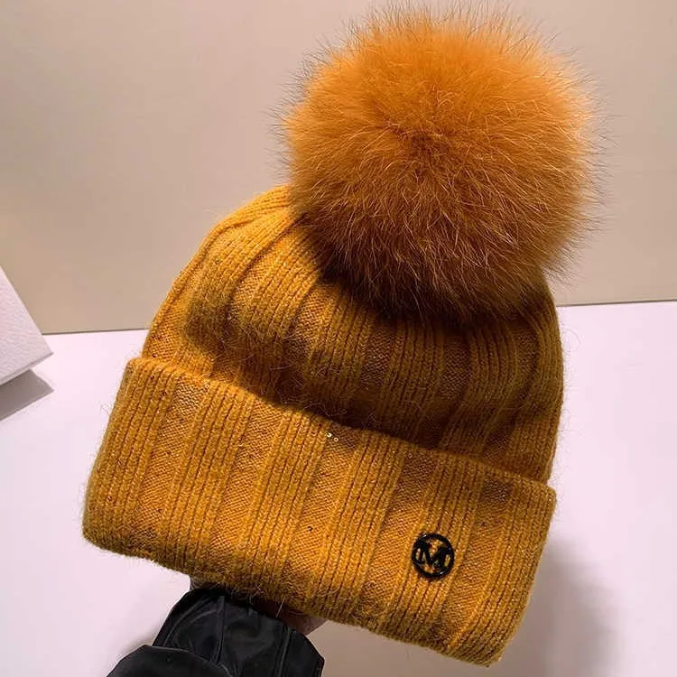 Letter Winter Hat Women Natural Fox Pom Pom Beanies Knitted Hat Fashion Ear Protection Luxury Angora rabbit hair Hat