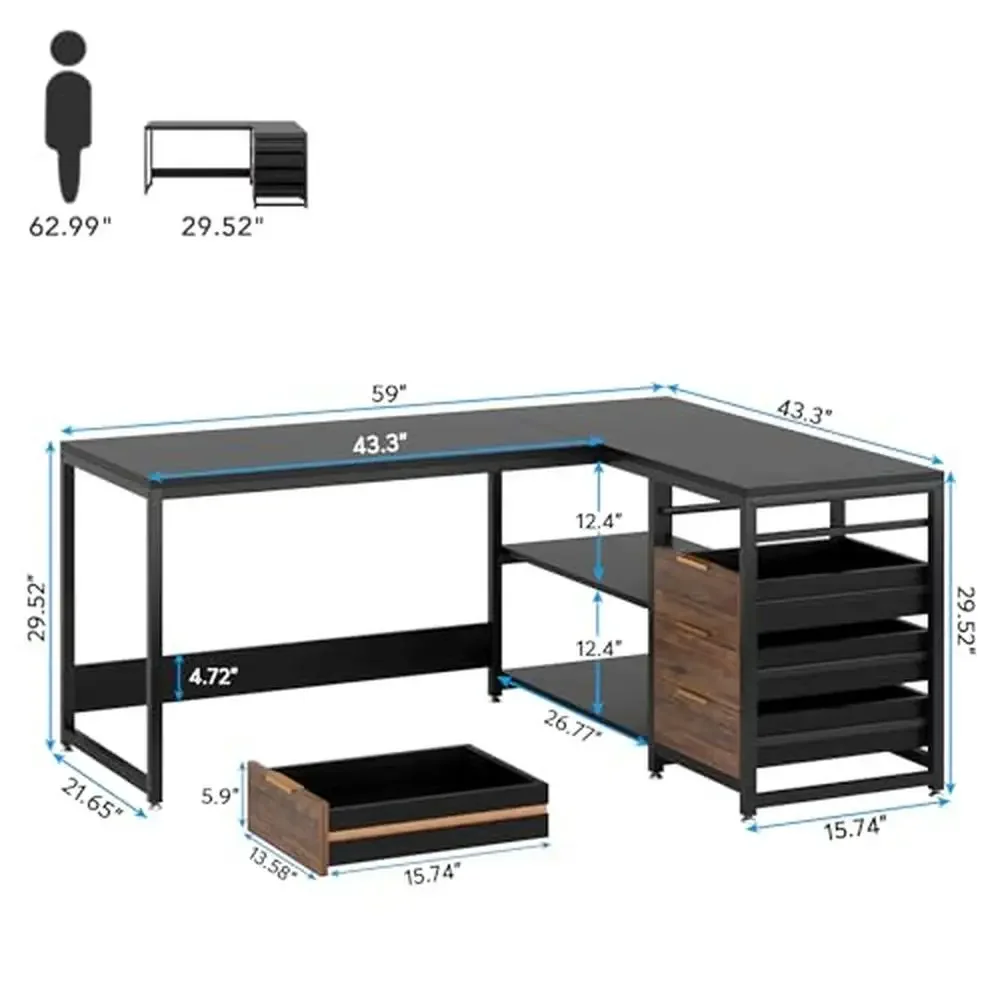 L-Shaped Desk with Storage Drawers Corner Computer Table Reversible Office Writing Desk