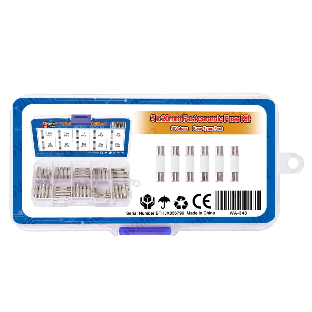 50PCS 5x20mm Ceramic Tube Fuse Assorted Kit Amp 0.25A 0.5A 1A 2A 3A 5A 250V with Storage Box  8A 10A 15A 20A