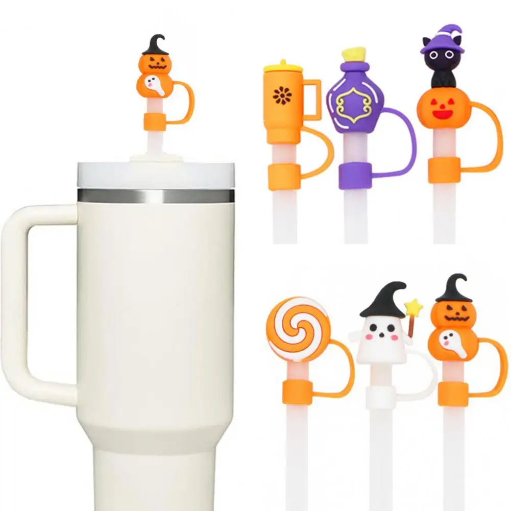 Silicone Straw Cap Spooky Halloween Silicone Straw Hat Tumbler Covers Ghost Pumpkin Decorative for Water for 10mm for 9-10mm