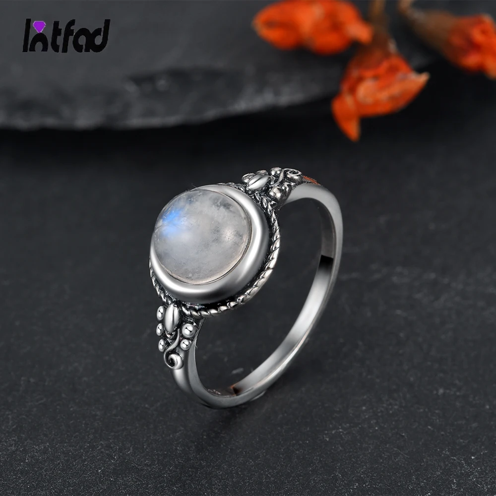 925 Sterling Silver Ring Natural Round Moonstone Ring for Women Luxury Jewelry Engagement Wedding Anniversary Gifts