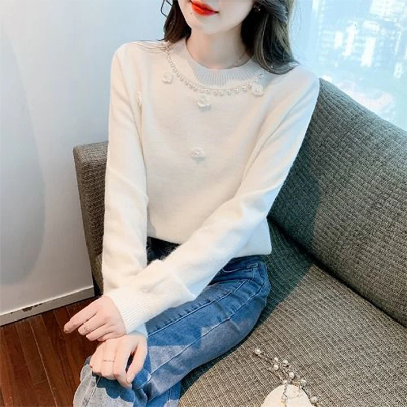 Autumn Winter Round Neck Sweet Beading Casual Jumpers Ladies Solid Color Simple All-match Patchwork Knitting Top Women Sweater