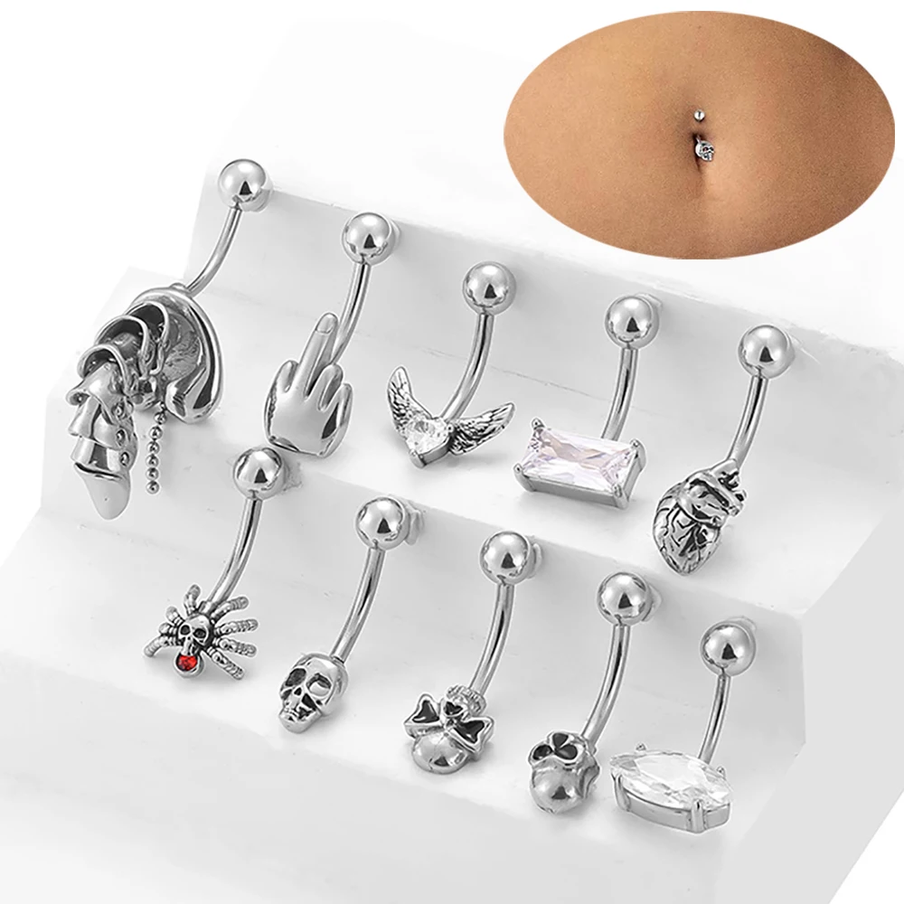 

Punk Skull Belly Button Rings Stainless Steel Gothic Body Navel Curved Barbell Piercing Jewelry for Women Men Gifts Accessories