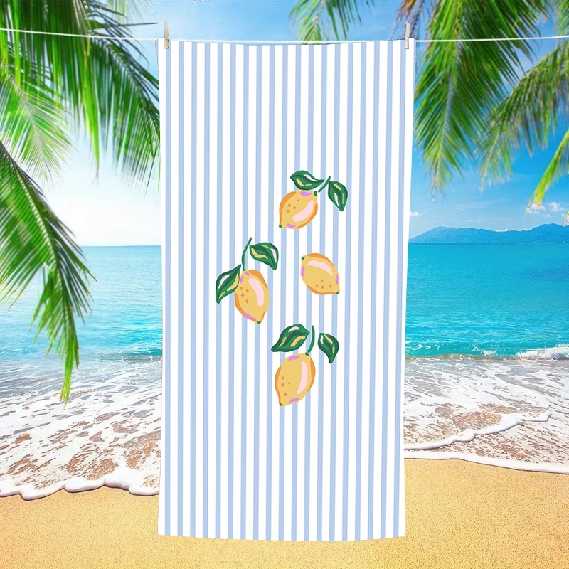 Light Blue White Vertical Stripe Lemon Fruit Leaf Print Microfiber Quick Dry Sand Resistant Summer Pool Vacation Beach Towel