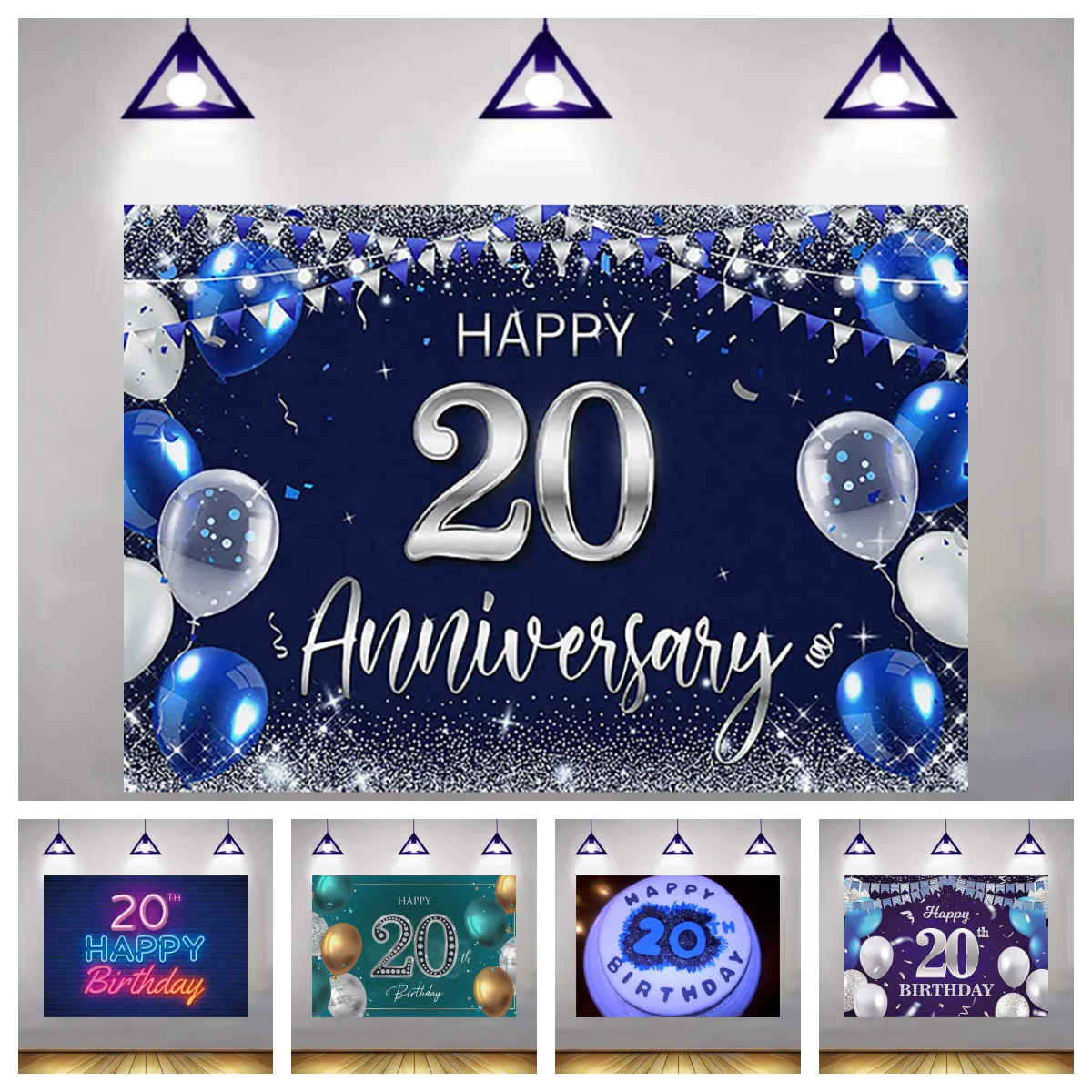 Happy 20th Birthday Backdrop Blue Gold Glitter 20 Year Birthday Anniversary Party Decoration for Women Men Cake Photo Background