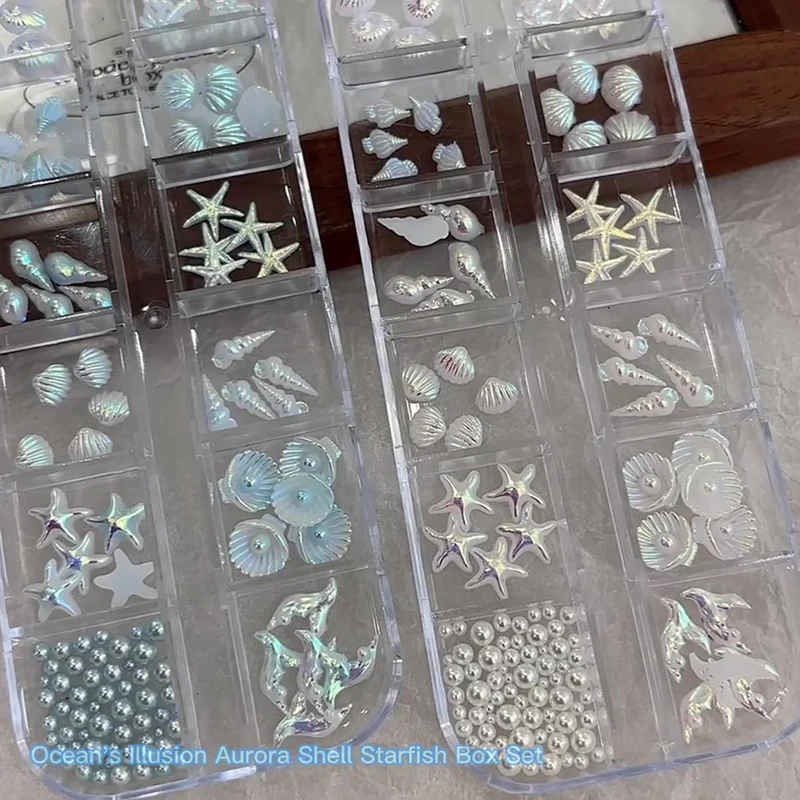 Caja de 12 dijes para uñas con concha Aurora Borealis, cola de sirena, figuras 3D de estrella de mar