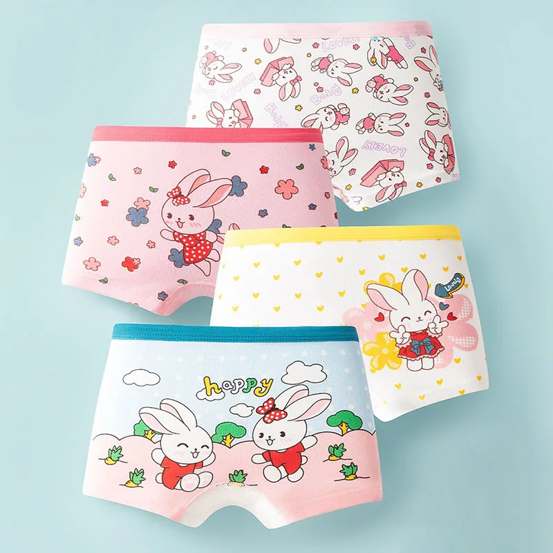 

4-Piece Set of Pure Cotton Girls Boxer Shorts Comfortable Fit Children Boxers Underwear Cute Rabbit Cartoon New Girls Boyshorts