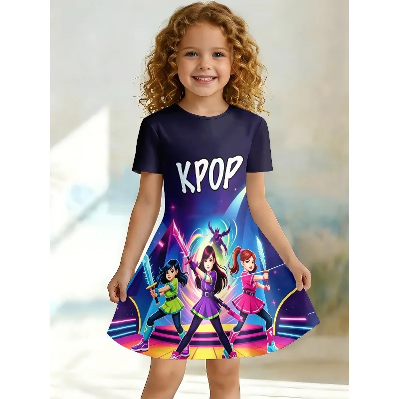 Soft and Breathable Deep Blue Cartoon Warrior Girl Print Children's Girl Short Sleeved Casual Dress Suitable for Birthday Gifts