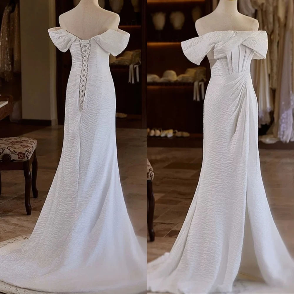 

Customized Delicate White Jersey Evening Dress Modern Boat Neck Off the Shoulder Sleeveless Lace Up Back Side Slit Prom Dress