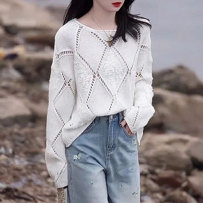 Women Clothing 2024 Spring Fashion Hollow Sequins Chic Knitted Sweater Female Casual Streetwear Long Sleeve Loose Pullover Tops