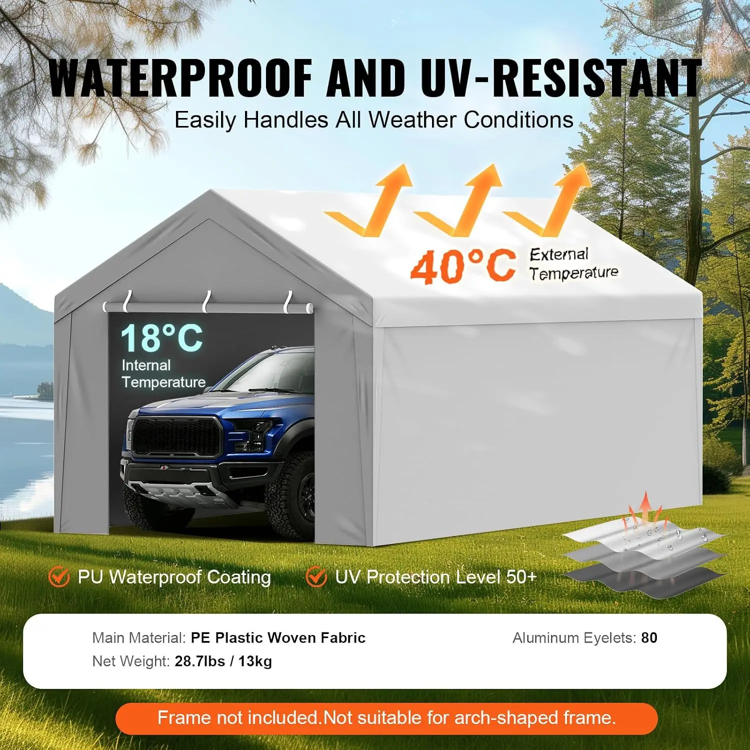 Carport Replacement Canopy Cover Top Sidewalls 200g PE Waterproof Tarp 2 Roll-Up Zipper Doors Ball Bungees Garage Tent Frame Not Included
