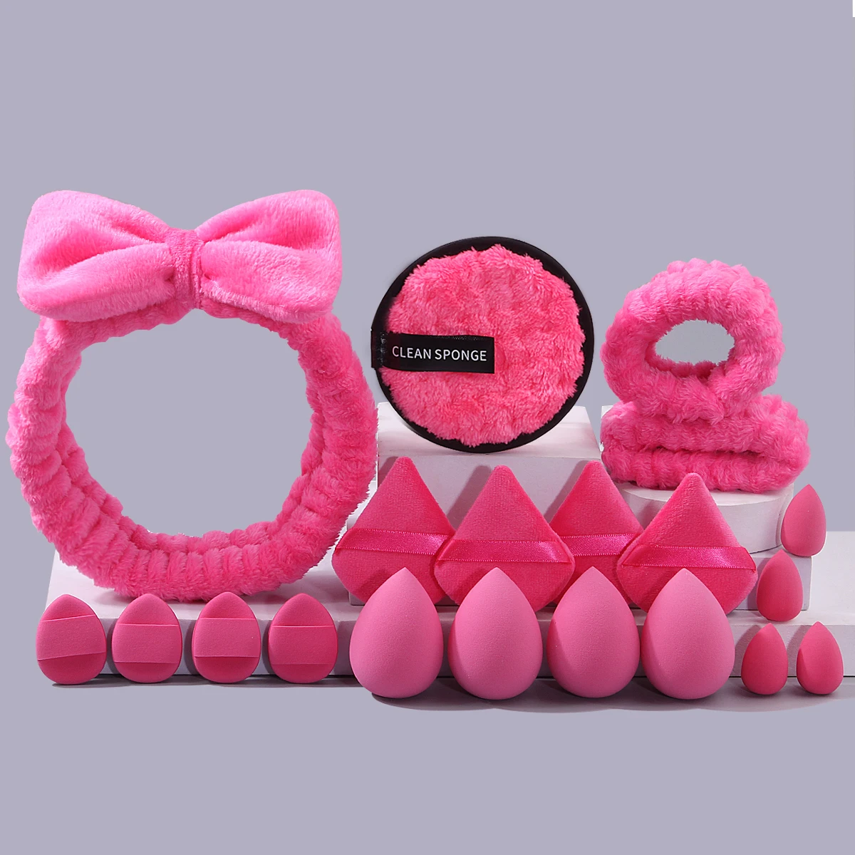 مجموعة منتفخة لتنظيف الوجه والمكياج مكونة من 20 قطعة - منتفخة مستديرة كبيرة وإسفنجة ناعمة لبودرة البيض وحزام معصم لربط الشعر