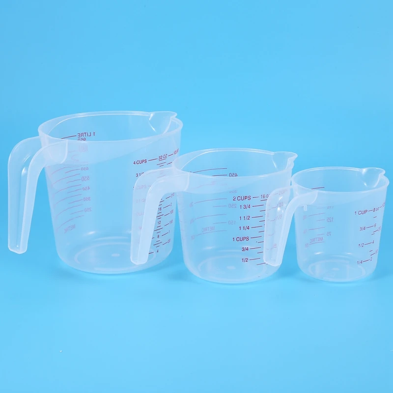 3Pc Plastic Measuring Jug Set Large 4 Cup, 2 Cup And 1 Cup Capacity BPA Free Measuring Beakers With Angled Grip Essential Kitche