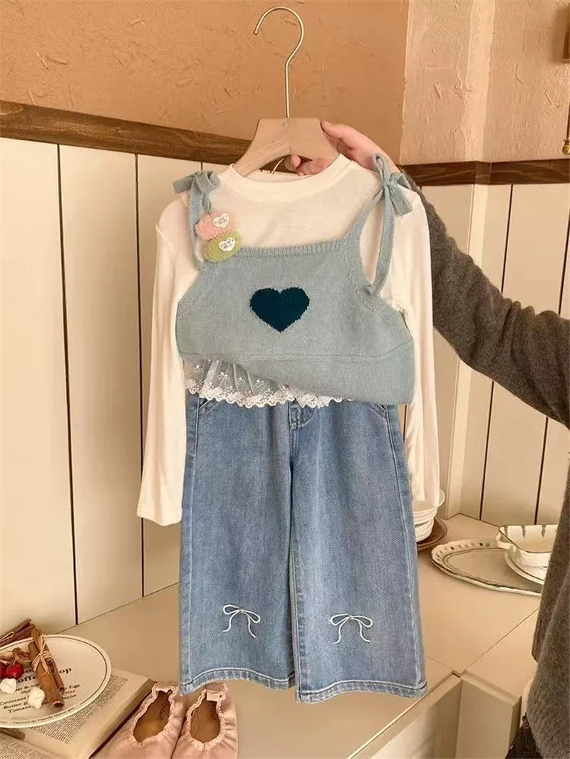 الفتيات خياطة الدانتيل الدنيم السراويل ربيع الخريف المطرزة القوس الجينز الأطفال ملابس الاطفال مستقيم أرجل السراويل فضفاضة