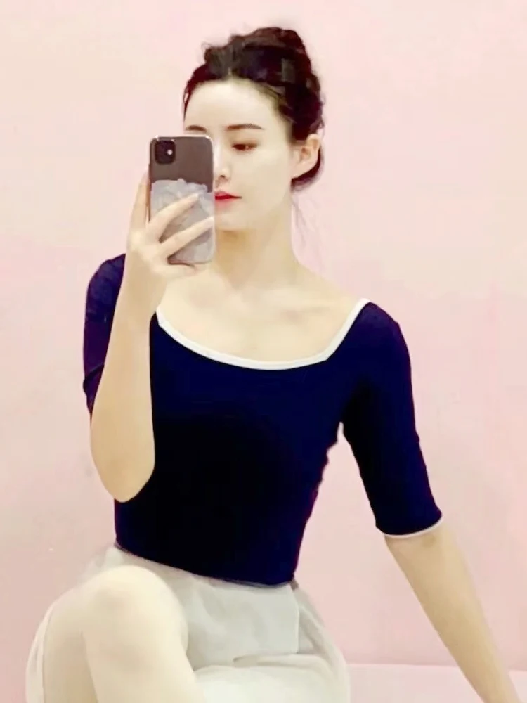 

Women's Gymnastics Leotard Open Backless Middle Sleeves Square Collar Jumpsuit Dance Exercise Costume Ballet Bodysuit