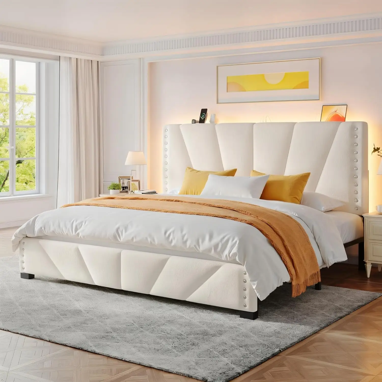 King Size Bed Frame, Velvet Bed Frame with Headboard and Led Light, Platform Bed Frame for Bedroom Apartment, Dorm,, Customized