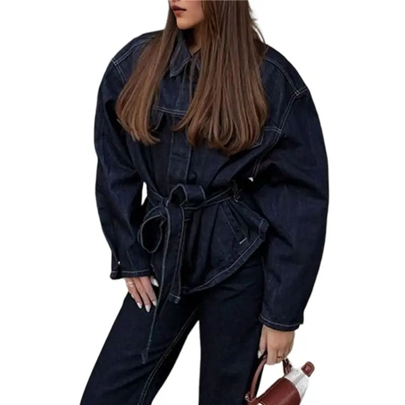 PORK-여성용 청자켓 가을옷 패션 버튼다운 데님 자켓 벨트 포함