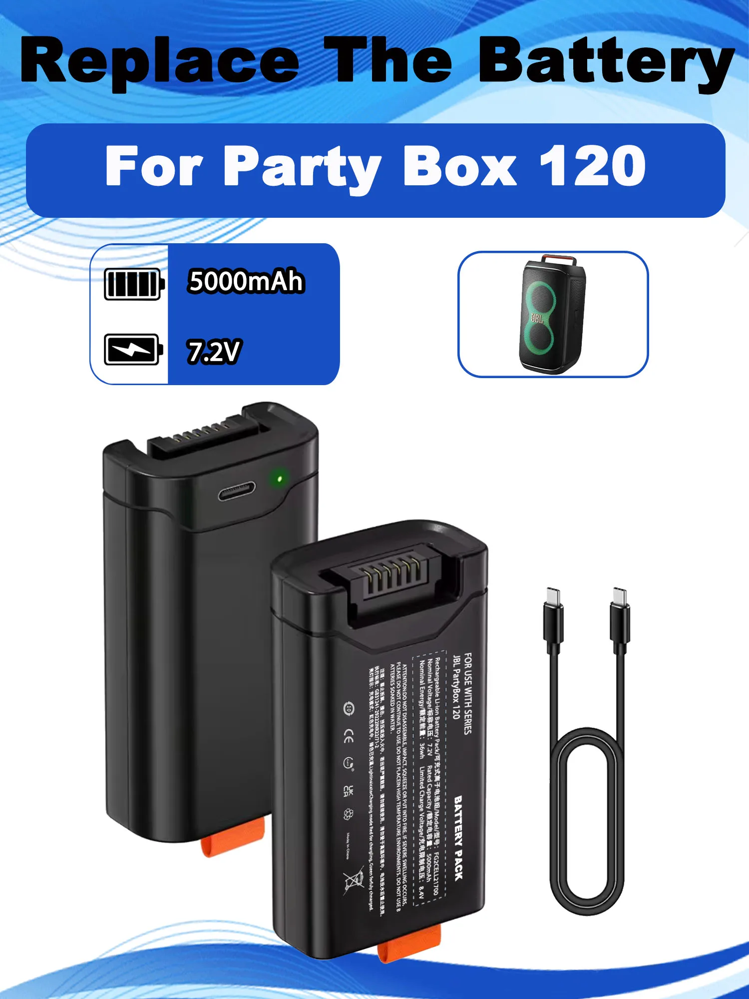 

1pcs 7.2V 5000mAh Replacement Battery For JBL PartyBox Club 120 Bluetooth Speaker FG2CELL21700 Batteries 200 Type c charger