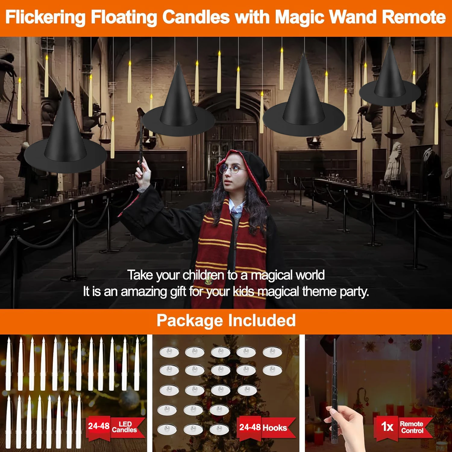 24-48Pcs Floating Candles With Magic Wand and Hanging Witch Hats Set Flickering Light LED Flameless Candle for Halloween Decor