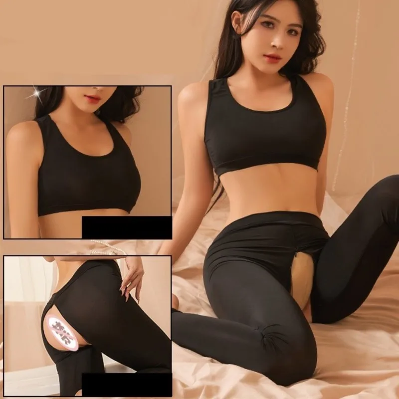 Summer Women\'s Crop Top Open range sports pants no need to take off couple flirting yoga pants sexy Tank Tops sweat pants Set