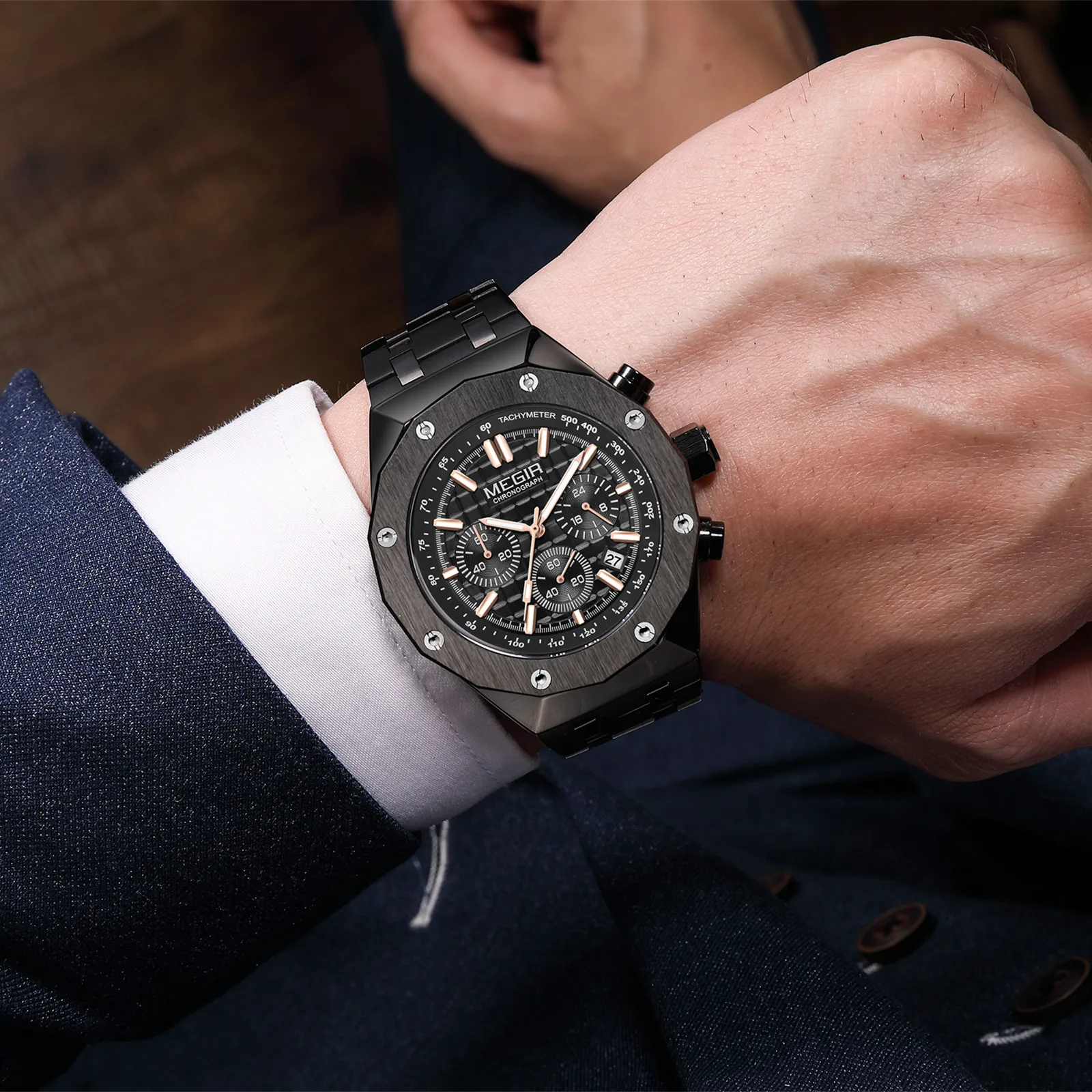MEGIR Men Watches Original Luminous Waterproof Business Men Quartz Wristwatch Stainless Steel Band Date Chronograph 24 Hours