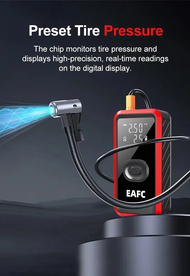 EAFC Neueste kabellose Luftpumpe für Autos, Luftkompressor, Reifenballaufpumper, LED-Licht, Reifenfüller, 150 PSI, elektrisch, für Autos, Motorräder, Fahrräder – Detail 5
