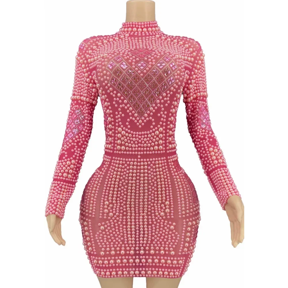 Vestido sexy com bainha para mulheres, pérolas rosas brilhantes, mangas compridas, roupas de festa noturna, traje de baile, show veste