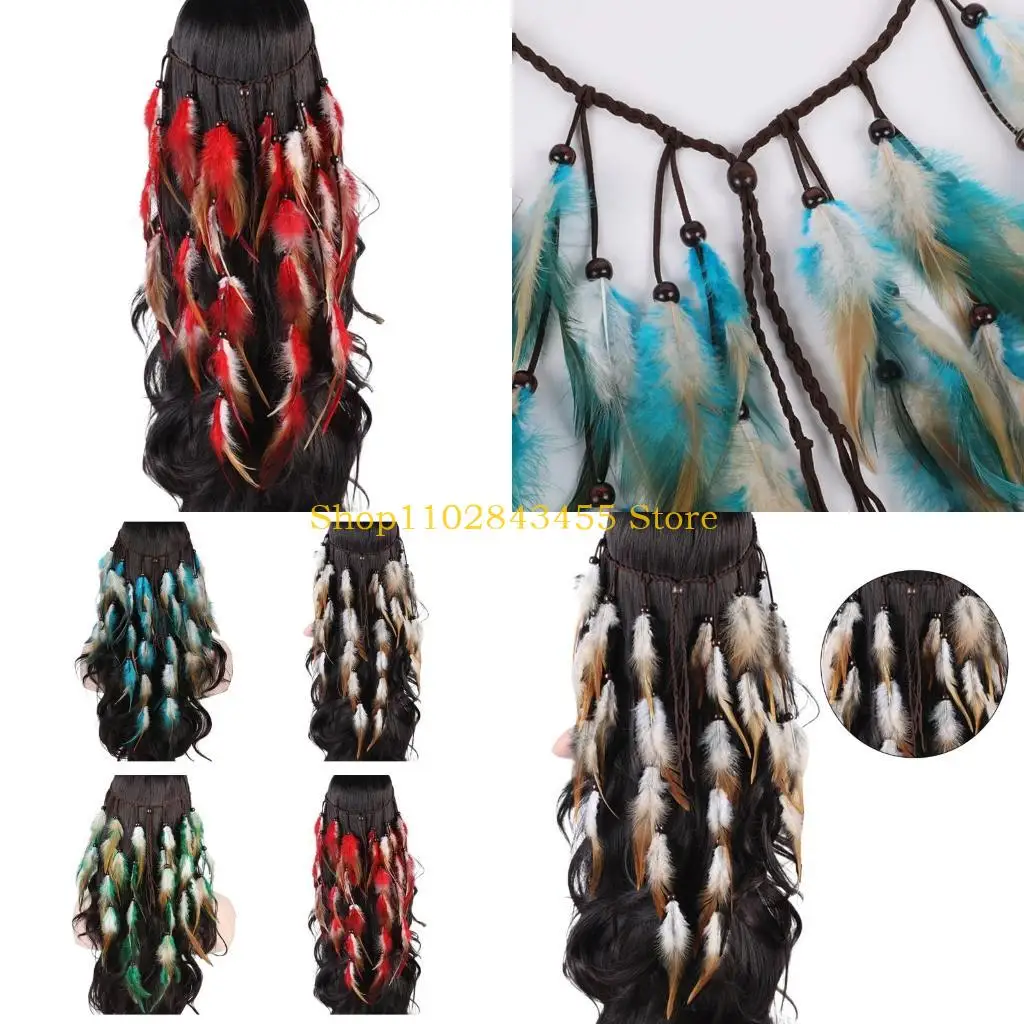 

49MC Colorful Feather&Beads Decors Headband for Women Ethnic Style Eye Catching Hair Hoop Bohemia Wedding Bride Headpieces