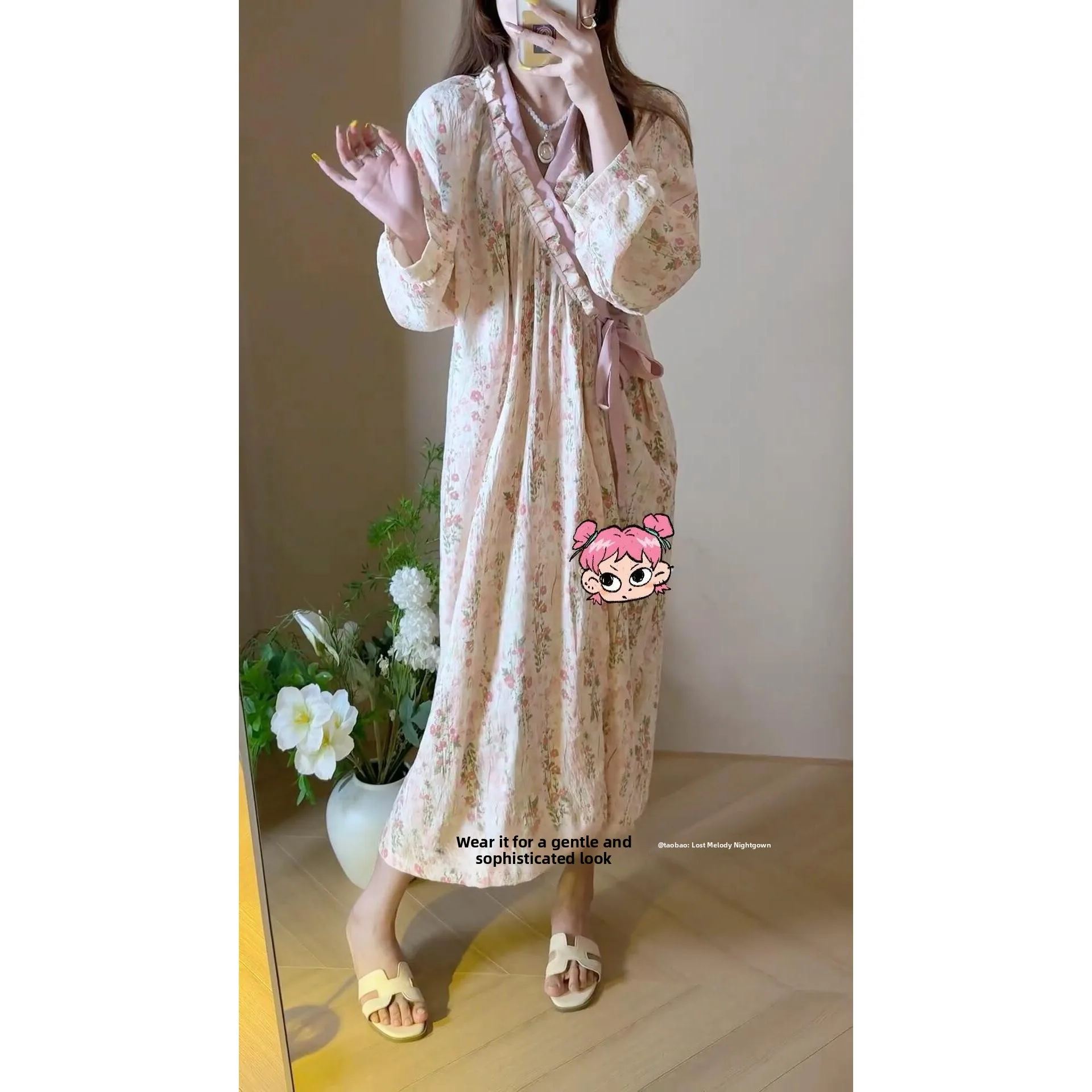 

Monet Garden Long Sp Robe Women's Spring New Sle Home Clothes Bathing Robe Sweet Sle Print Fabric Polyester Cotton