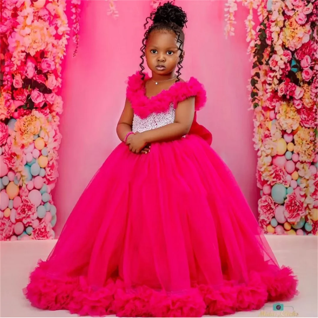 Red Tulle Flower Girl Dress For Wedding Pearls Applique Puffy Floor Length Pleated Princess Kids First Communion