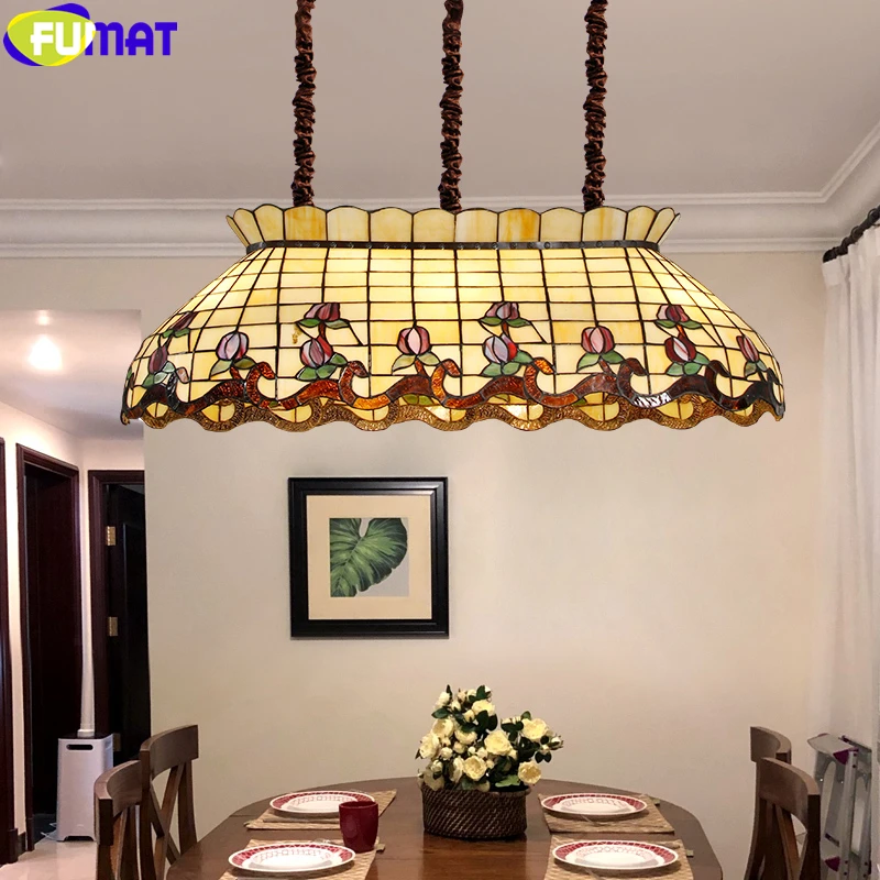 FUMAT Tiffany Style Pink Rose Hanging Garden Chandelier Stained Glass Pendant Light Fixture Handcraft Art Luxury Decoration Lamp