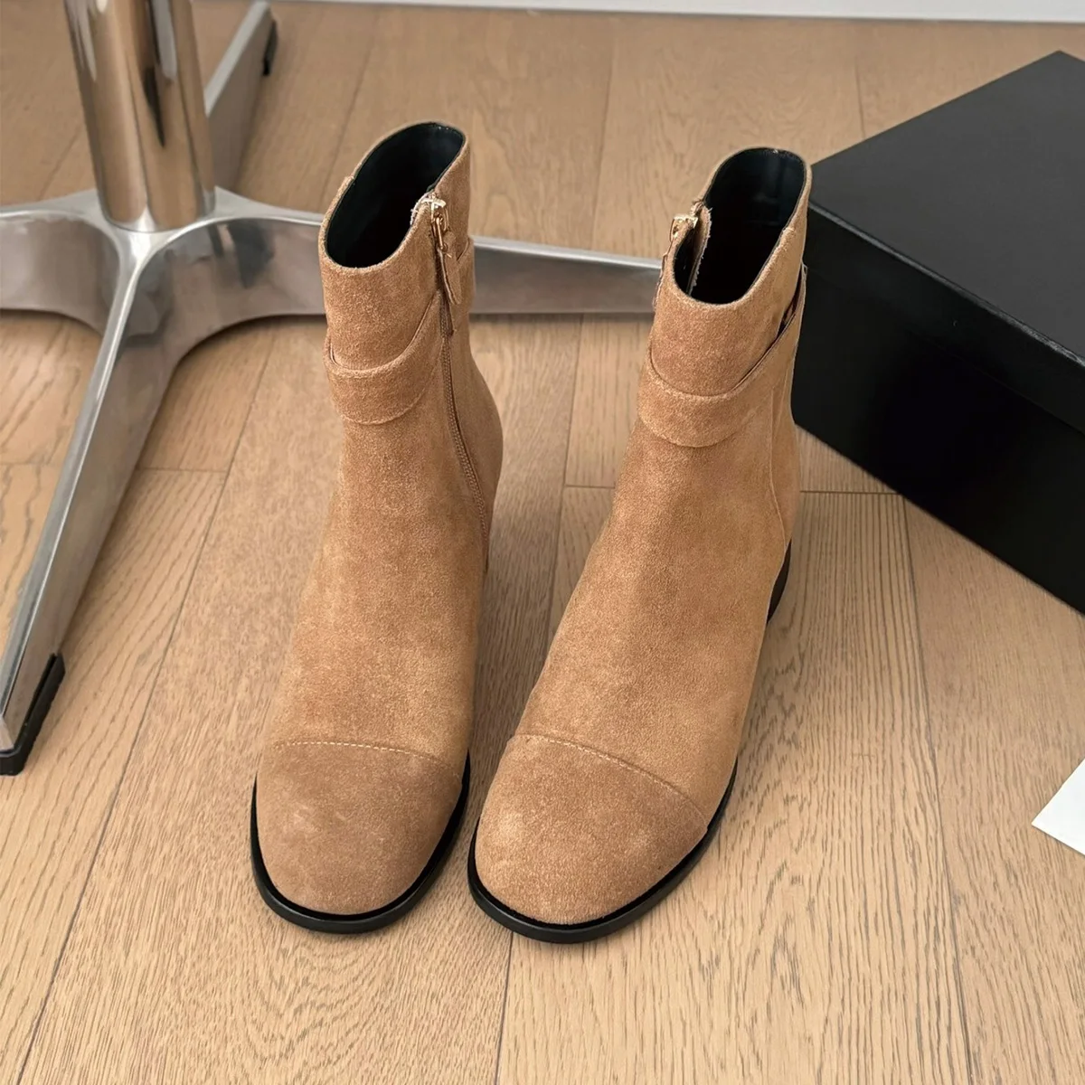 026 High Quality Autumn Women Shoes Round Toe Belt Decor Side Zipper Block Heel Ankle Boots ch24100850